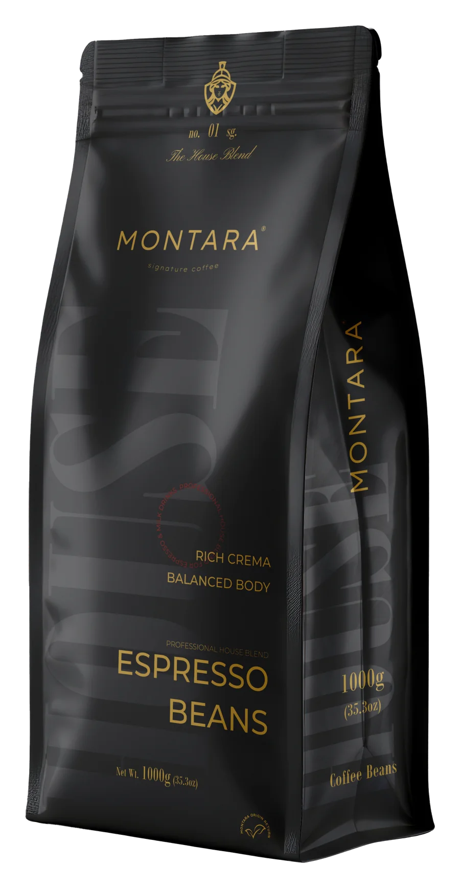 MONTARA No.01 The House Blend, black 1000 g bag of coffee beans, Three-quarter view