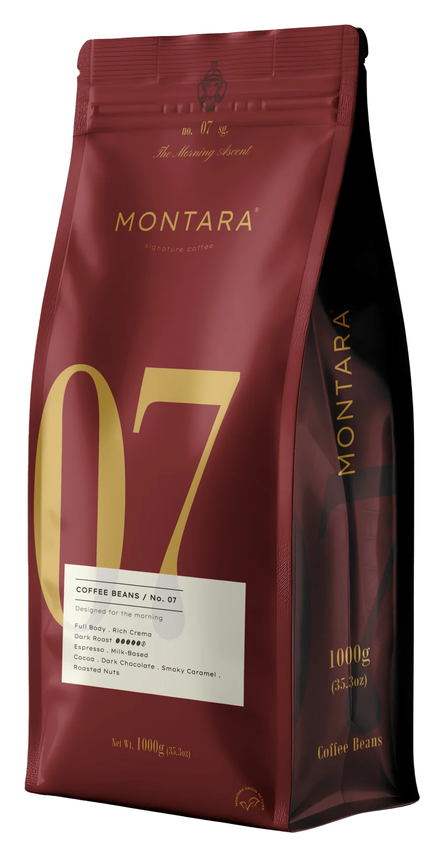 MONTARA No.07 The Morning Ascent, burgundy 1000 g bag of coffee beans, Three-quarter view