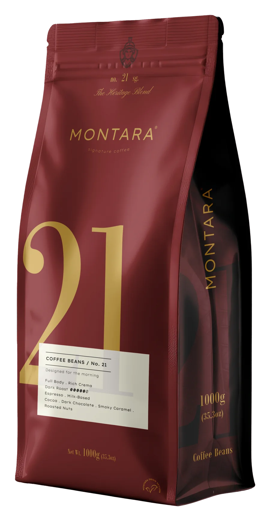 MONTARA No.21 The Heritage Blend, burgundy 1000 g bag of coffee beans, Three-quarter view