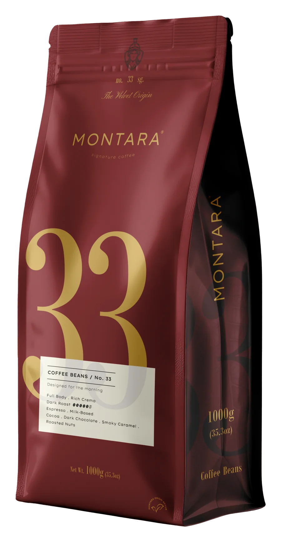 MONTARA No.33 The Velvet Origin, burgundy 1000 g bag of coffee beans, Three-quarter view