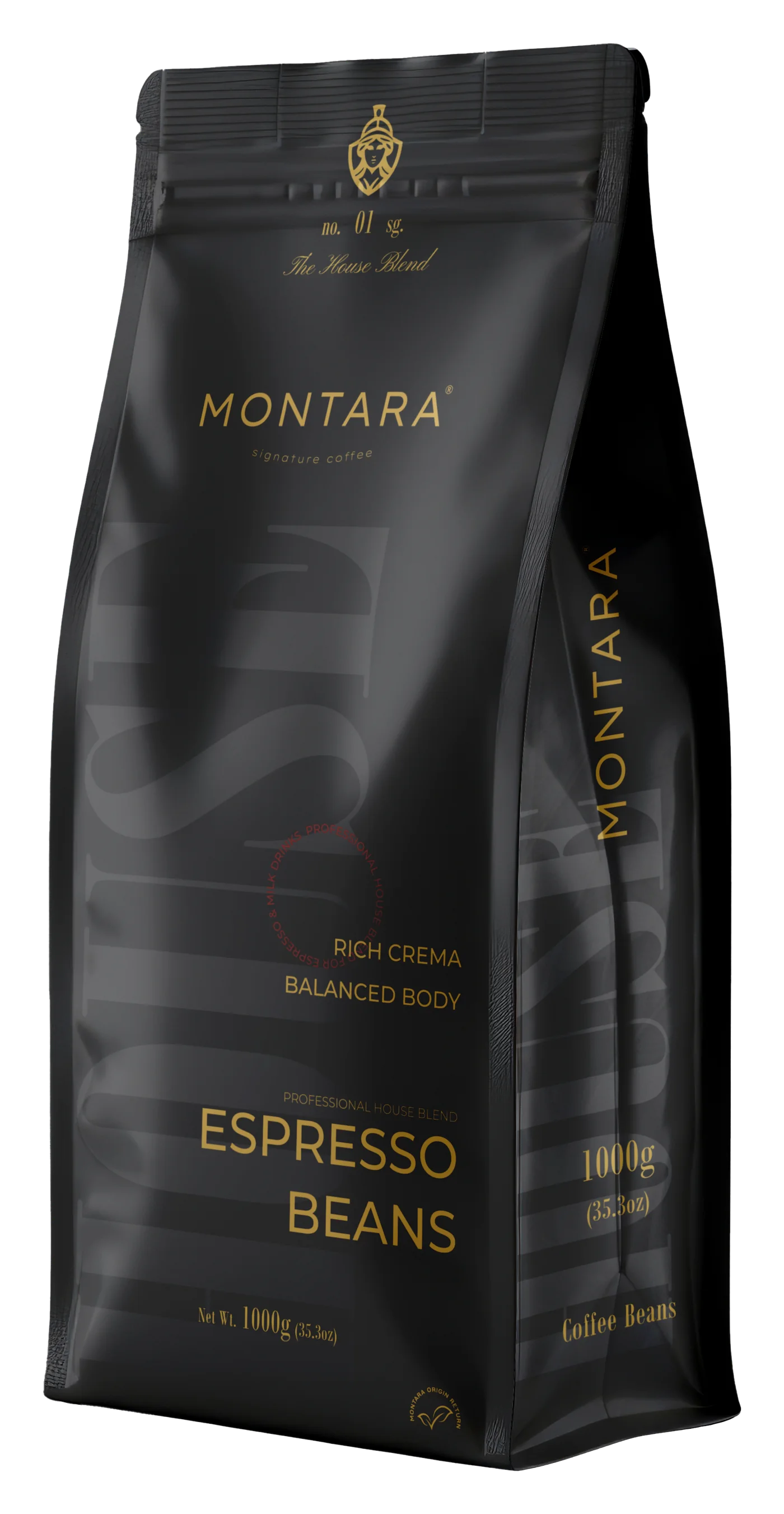 MONTARA No.01 The House Blend, black 1000 g bag of coffee beans, Three-quarter view